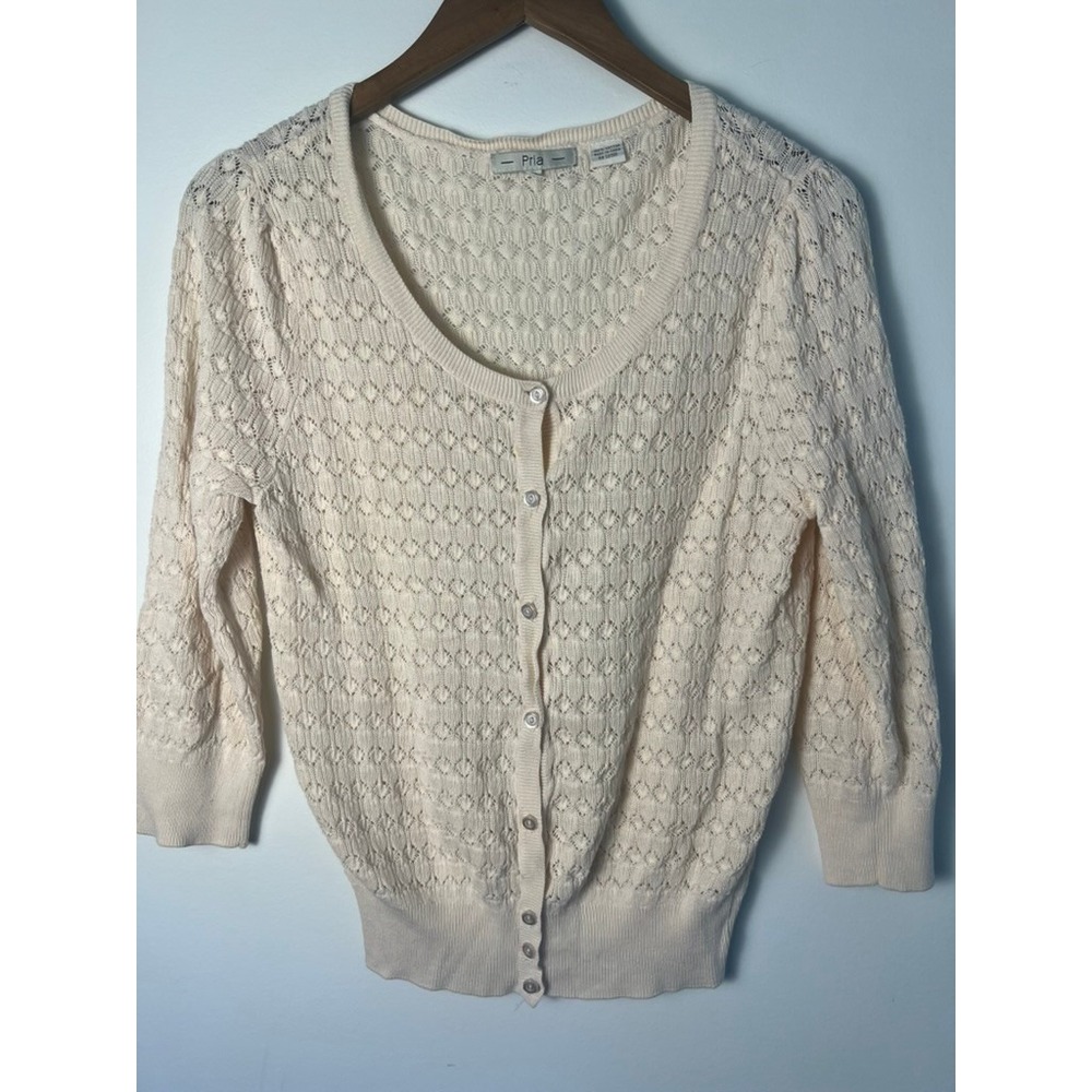 Pria Med Cream Pointelle Knit 100% Cotton Button Cardigan Sweater Indie Cottage